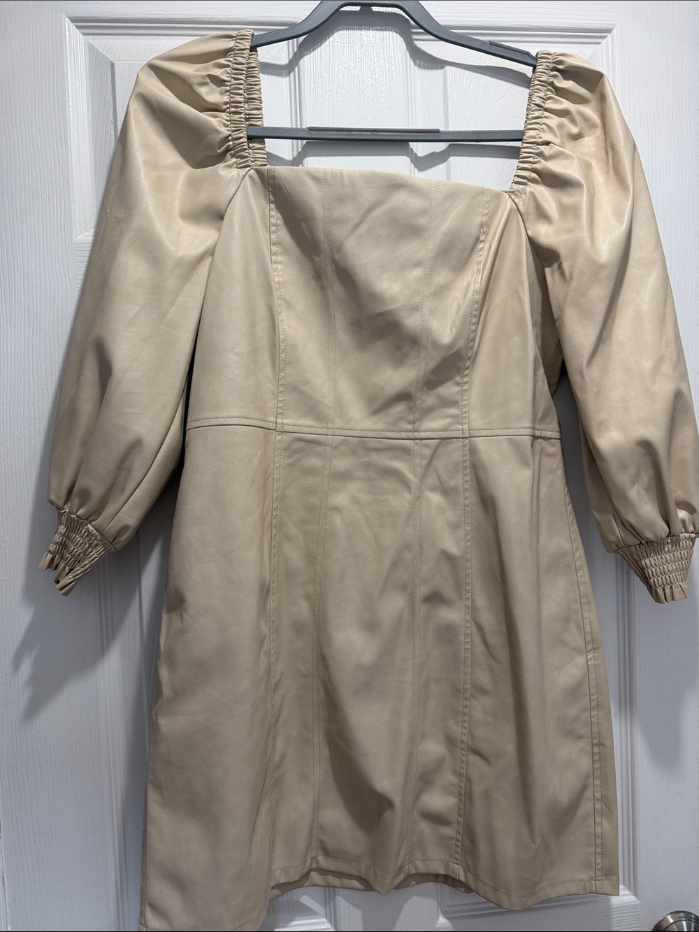 Beige Puff-Sleeve Square-Neck Leather Dress; Womens Large